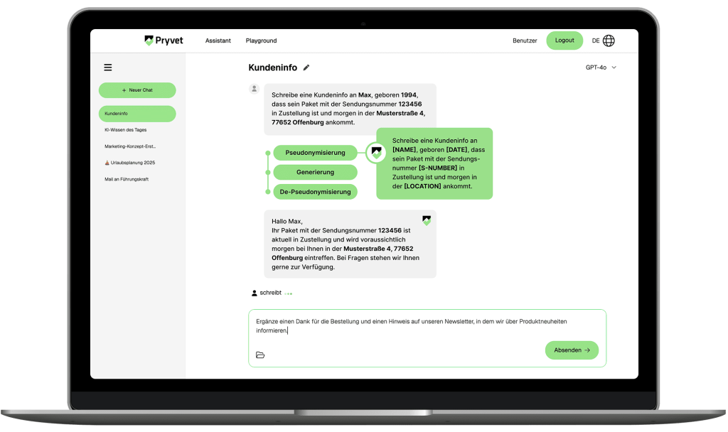 Laptop mit dem geöffneten Pryvet Tool, grün-schwarzem Benutzerinterface, Textblöcke in Weiß, grünes Logo oben links, Chatverlauf und Eingabebereich sichtbar.