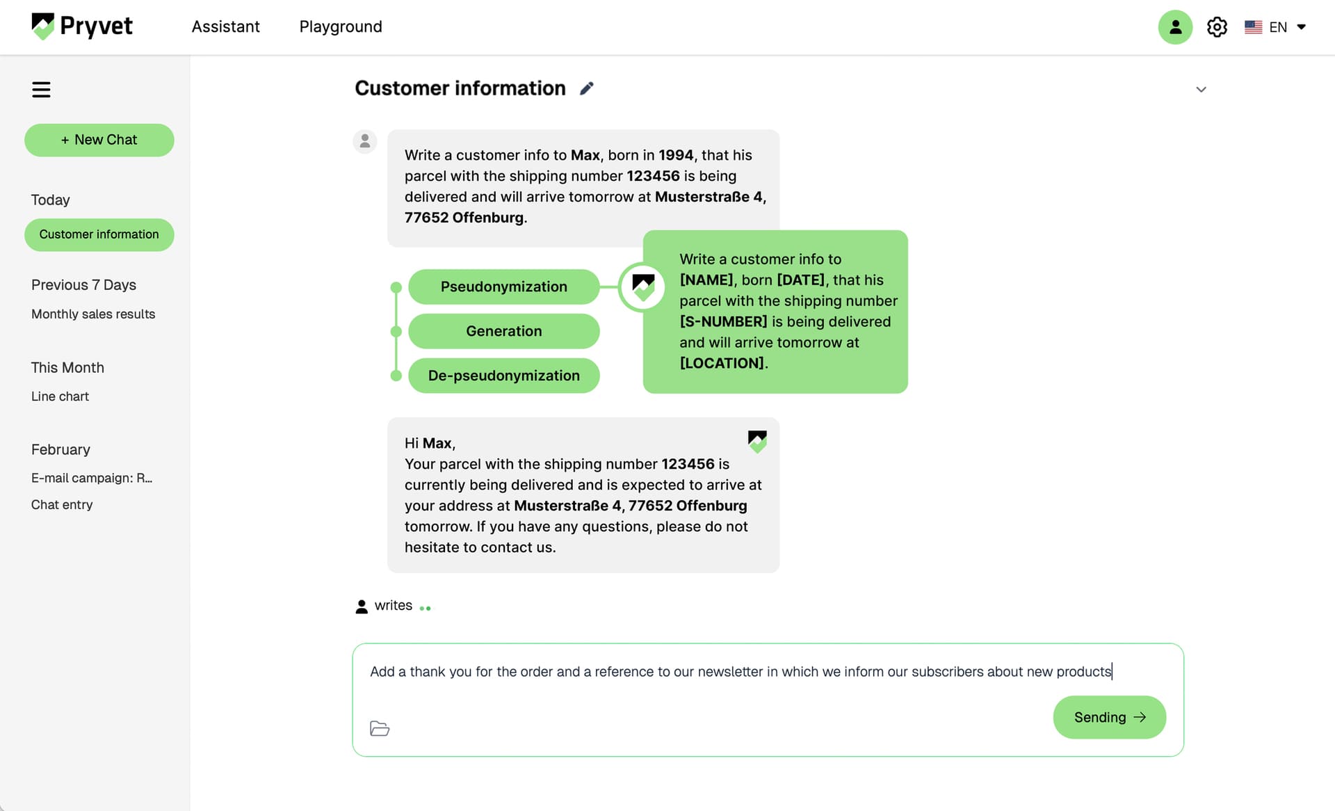 Screenshot of the Assistant, green chat screen with speech bubbles, black text, white background, green buttons and user interface elements.