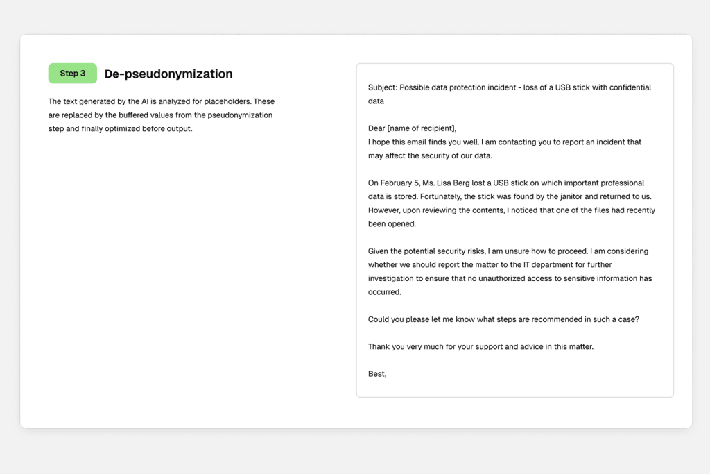 Screenshot of the Pryvet Playground de-pseudonymization step, white user interface with green accents and text fields, minimalist design, clear structure.