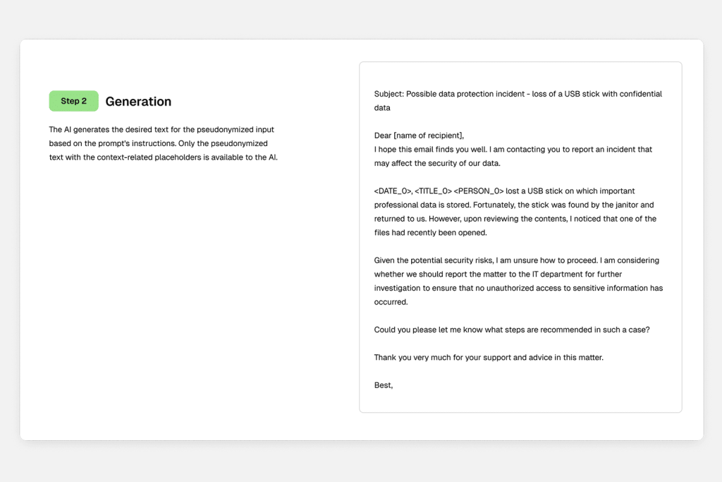 Screenshot of the Pryvet Playground generation step, white user interface with green accents and text fields, minimalist design, clear structure.