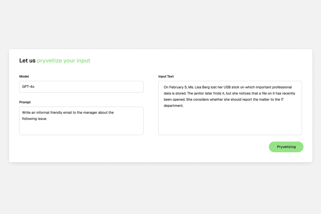Screenshot of the Pryvet Playground input mask, white user interface with green accents and text fields and code blocks, minimalist design, clear structure.